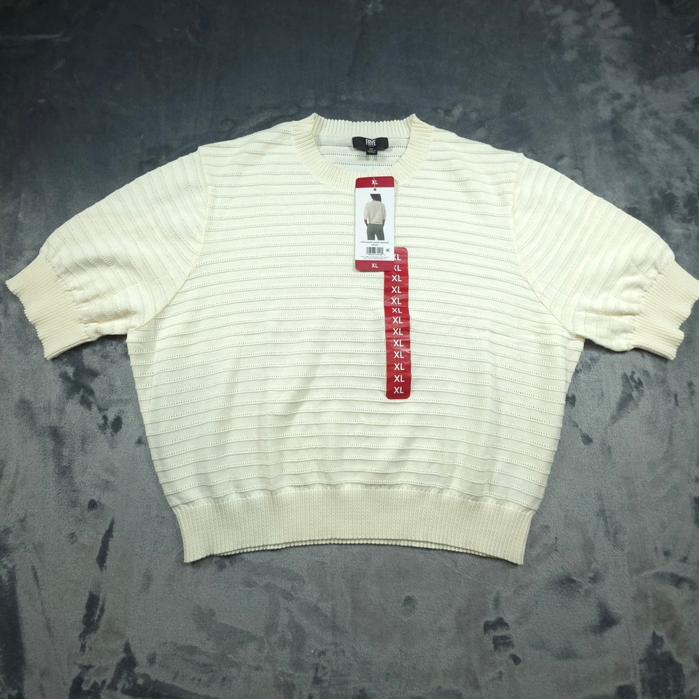 Frye Women Cream Short Sleeve Knit Sweater 100% Cotton Crew Neck XL NEW
